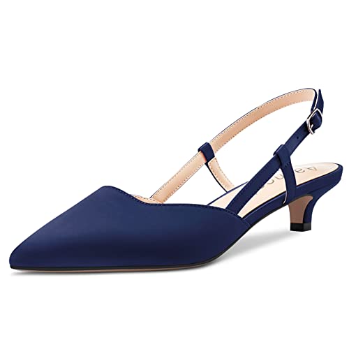 Aachcol Donna Basso Gattini Tacco Heel Pumps a Punta Cinturino alla Caviglia Slingback Dress Scarpe Sandali Ufficio Feste da Matrimonio Raso Blu Navy 3.5 CM 45 EU