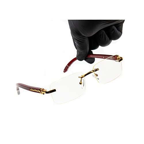 Street Knitted Retro 90's Vintage Rimless Clear Lens Gold Frame Hip Hop Sunglasses Rectangle Men Women Frameless Shades Woodgrain Fashion Frameless Square Wood Arm Clear Tint Glasses