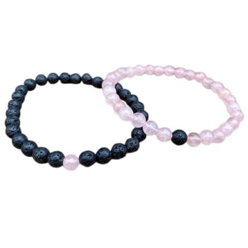Bracelets extensibles couples pierre de lave et quartz rose 6 mm, bijoux authentiques authentiques