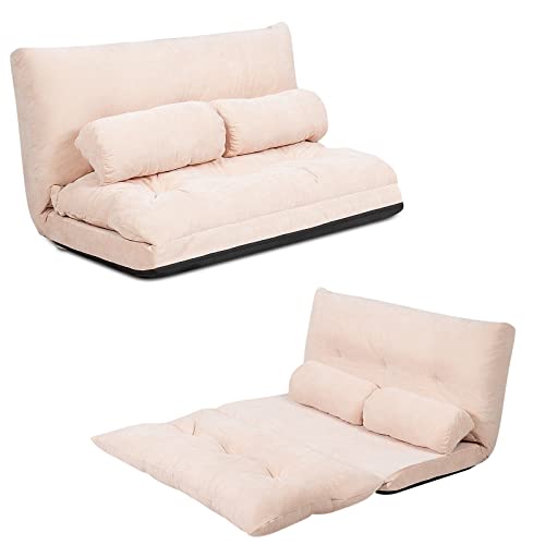 RELAX4LIFE Chauffeuse 2 Personnes Pliable en Daim Dossier Réglable de 90 ° à 180 ° de 5 Positions avec 2 Oreillers, Fauteuil Couvertible Cadre Métallique...