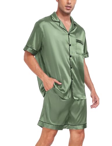 Image of SWOMOG Men Satin Silk Pajamas Sets Short Sleeve Sleepwear Button-Down PJs Sets Two-Pieces Loungewear with Pockets