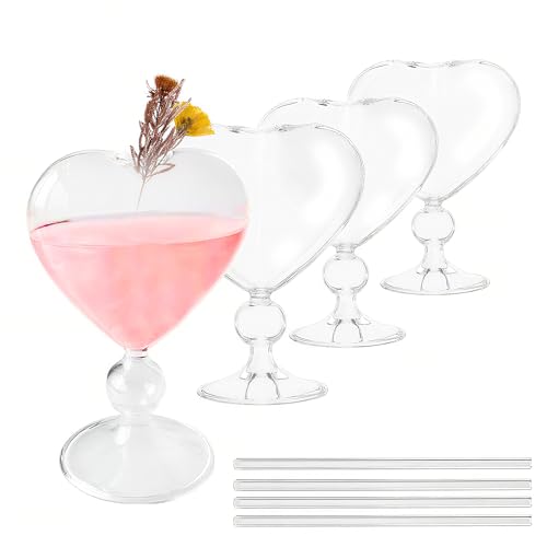 Teadokly 4PCS Heart Shaped White Wine Glasses Glass Highball Glasses Cocktail Glasses for Parties Homes Bars Clubs Restaurants Hotel Venue