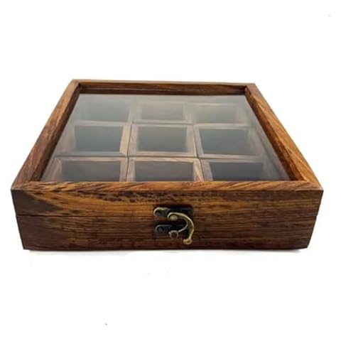 Zuvo Wooden Spice Rack Organizer Storage Box with Lid, 9 Small Compartments Masala Dabba and Slide Off Glass Style, 8X8 Cover