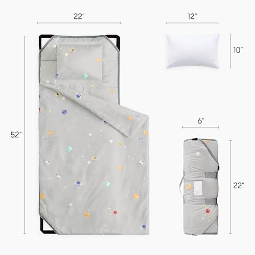 Image of Wake In Cloud - Cot Nap Mat with Pillow and Blanket, 100% Cotton Fabric, for Toddler Kids Boys Girls Ages 3 Plus in Daycare Kindergarten Preschool, Stars Space Rockets