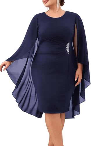 Hanna Nikole Womens Plus Size Chiffon Cape Dress Crew Neck Wedding Guest Dresses Ruched Bodycon Cocktail Pencil Dress