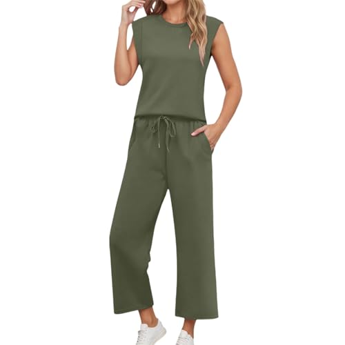 Aniywn Green Two Piece Outfits For Women Summer Casual Travel Outfits Cap Sleeve Tops Wide Leg Crop Pants Fashion Lounge Sets
