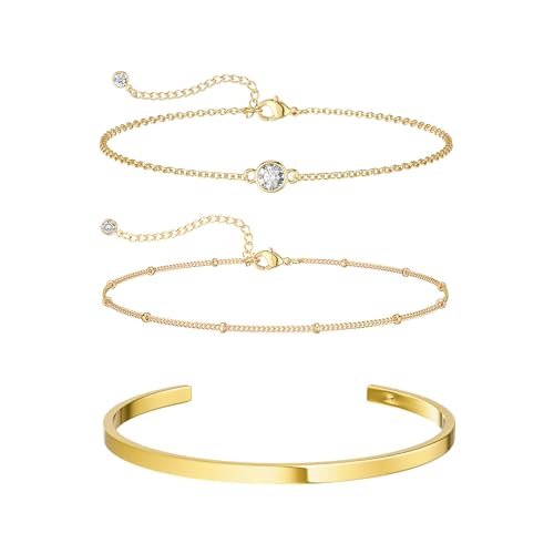 Image of Moodear Thin 14K Gold Plated Link Chain Bracelet - Dainty Stack Satellite CZ Cuff Bangle Bracelets for Women Trendy Non Tarnish