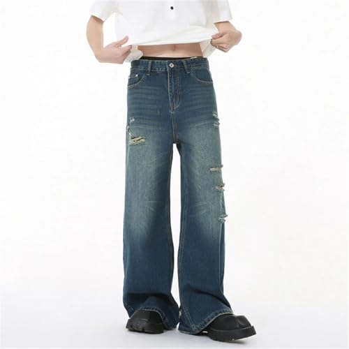 Men's Jeans Solid Color Holes Design Straight Leg Baggy Trousers3