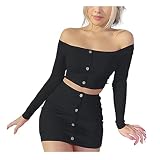 conjuntos de falda tubo y top 💗Diseño: Traje conjunto de verano incluye Top corto de mangas largas de hombro descubierto y falda ajustada y corta de color sólido, ambos están con el diseño novedoso de adornos de botones. El conjunto sexy puede mostrar su figura perfecta del cuerpo y resaltar su feminidad sexy y elegante.