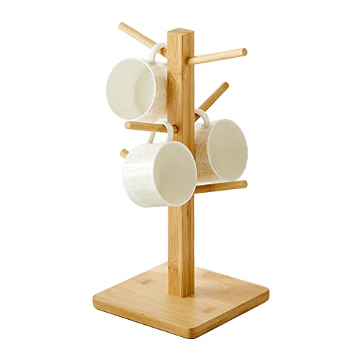 LIU - Bamboo Mug Holder Tree with 6 Hooks, Square Base, Countertop Coffee Cup Organiser for Kitchen Bar Accessories