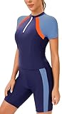 FEOYA Women Two Piece Rash Guard Short Sleeve Swimsuit Full Zipper Swim Top Bathing Suit with Boyshort Tankini Sets Orange S