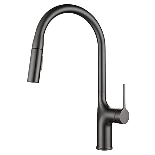 Kitchen Faucet with Pull Down Sprayer, Solid Brass 360° Swivel Sink Faucet, Single Handle Hole Hot and Clod Water Mixer Tap Dual Mode Spout,Black (Black)