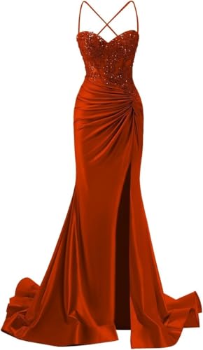Women Mermaid Beads Prom Dress with Slit Satin Bridesmaid Dresses Long Spaghetti Strap Evening Formal Party Gown