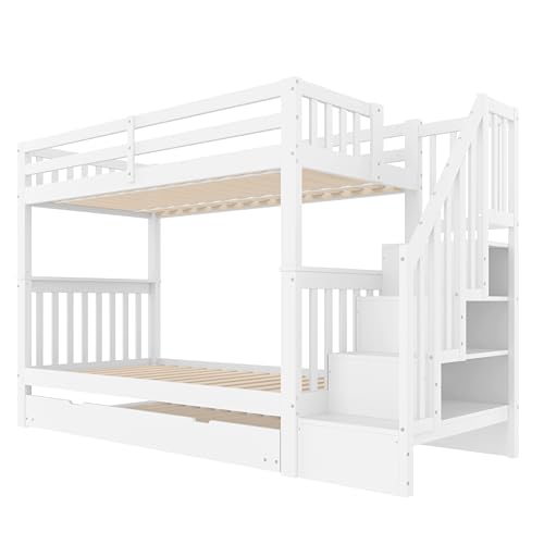 Azkoeesy Cama Infantil con Escalera y Cama Nido, 90x200 cm, litera para 3 niños y Adolescentes, con 3 somieres y almacenaje, para Adultos, Madera de Pino, Color Blanco - imagen 7