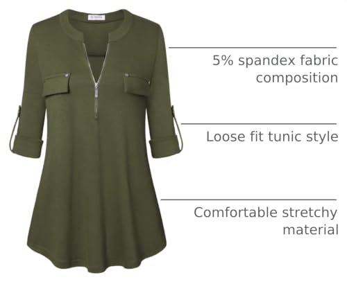 Image of Bulotus 3 /4 Length Sleeve Womens Striped Tops Zipper V Neck Collared Blouses Business Casual Tunics 2026 Spring Trendy