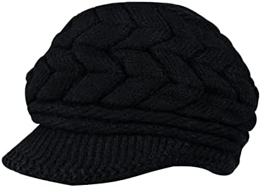 Andiker Women Winter Knit Hat with Brim, Elegant Beanie Cap with Warm Fleece Lined (Black)