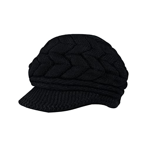 Andiker Women Winter Knit Hat With Brim, Elegant Beanie Cap With Warm Fleece Lined (Black) #TOP20
