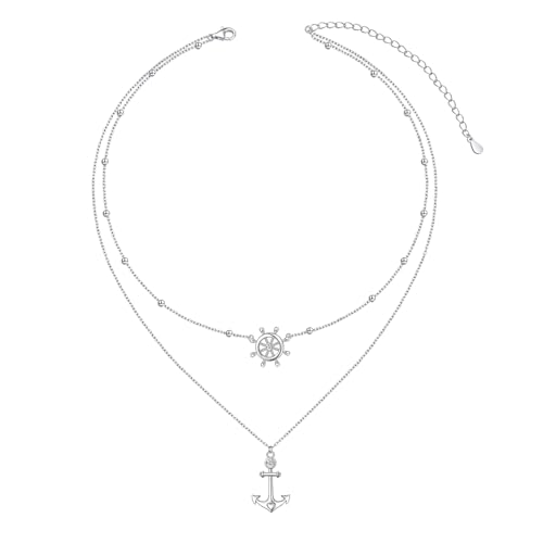 HOOHWE Kette Damen 925 Sterling Silber Layered Halskette mit Anker Anhänger Verstellbar Halsketten Schmuck für Damen Mädchen HOOHWE Kette Damen 925 Sterling Silber Layered Halskette mit Anker Anhänger Verstellbar Halsketten Schmuck für Damen Mädchen