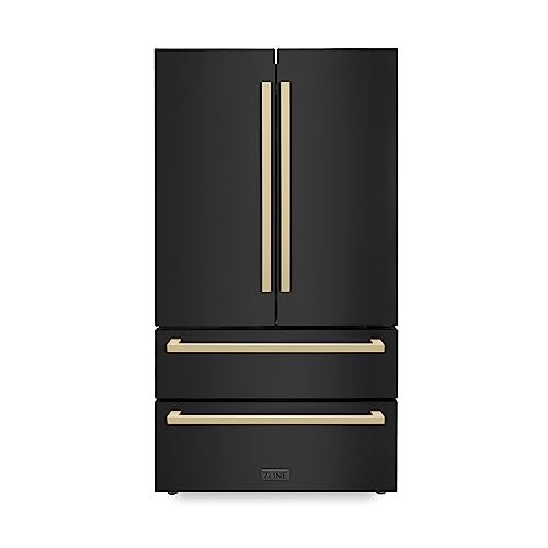 Image of ZLINE Autograph Edition 36 in. 22.5 cu. ft. Counter-Depth French Door Refrigerator with Ice Maker in Fingerprint-Resistant Black Stainless Steel and Champagne Bronze Modern Handles (RFMZ-36-BS-FCB)