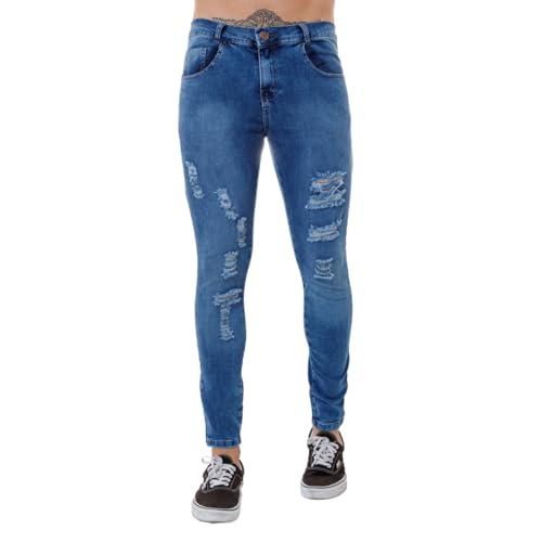 Calça Jeans Rasgada Masculina Super Skinny (40, Jeans Média Rasgada)
