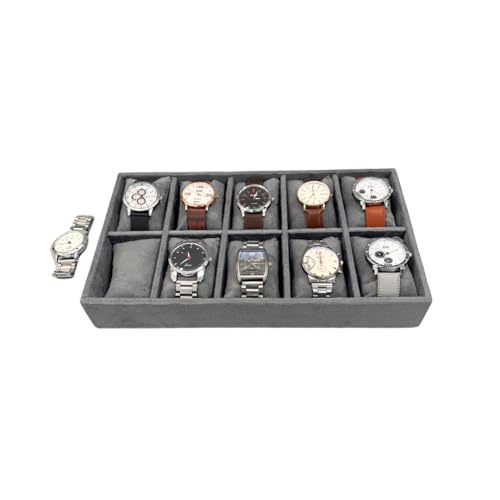 Image of 10 Slot Watch Organizer Tray for Watches, Grey | Tray keeps watches, smartwatches, bracelets and accessories arranged neatly in wardrobe, closet, dresser or dressing table