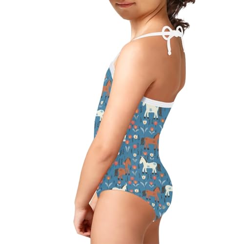 Image of KiuLoam Orange Pink Tropical Leaf Girls One Piece Swimsuit Quick Dry Beach Swim Bathing Suit for 3-8 Years Little Girls
