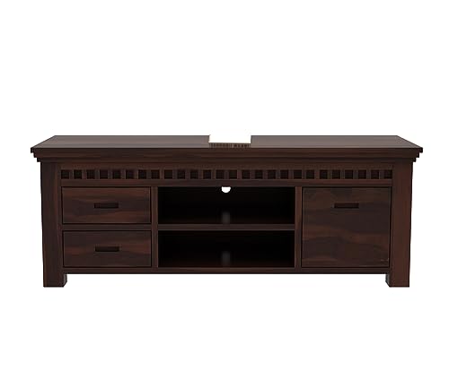Image of Premium Solid Sheesham Wood TV Unit for Living Room: 2 Drawers, 2 Shelves, and 1-Door Storage - Accommodates up to 50-Inch TV (Declan, Walnut Finish)