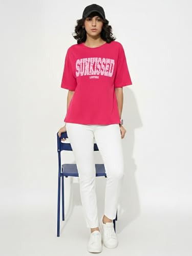 Image of LEOTUDE Half Sleeve Cottonblend Oversized Tshirt for Women, Round Neck Longline Printed Raglan Sleeve Colourblocked Drop Shoulder Baggie T-Shirt Top for Woman (Color Pink)