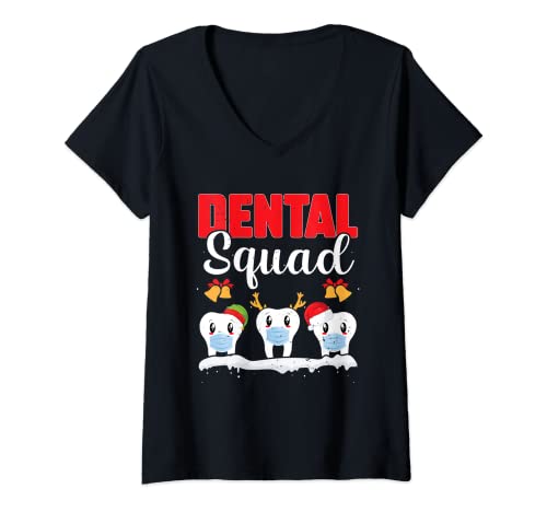 Mujer Escuadrón Dental Divertido Dentista Diente Médico Navidad Odontología Camiseta Cuello V