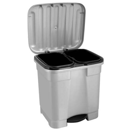 AC - Cubo de Basura Ecológico 46L - Plástico resistente - 2 compartimentos con cubos extraíbles y pedal - Contenedor, papelera reciclaje - Fabricado en España (Plata - 45,5 x 43,5 x 39 cm)