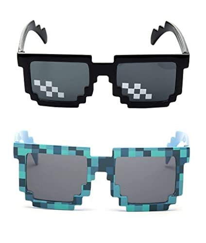 2 pcs Thug Life Sunglasses Mosaic Pixel Sunglasses Adult Kids Party Favors（Blue,Black）