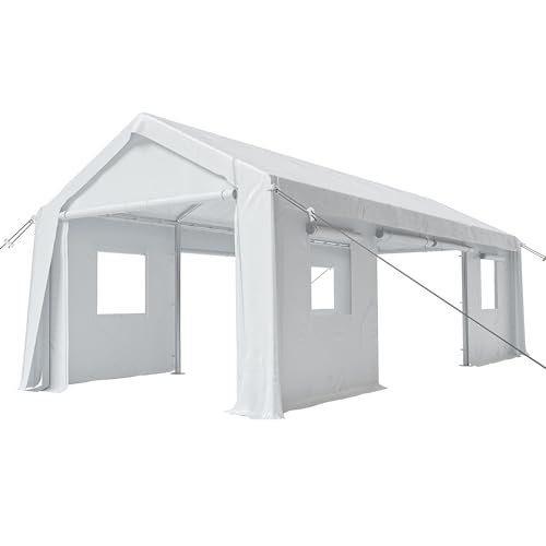 Image of 13x20FT Heavy Duty Carport Canopy 4 Roll-Up Doors & 4 Windows Portable Garage All-Season Outdoor Storage Shed for Car Truck Boat Shelter Party Tent, White