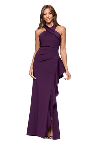 Image of Xscape Evenings Women's Long, Bodycon Low-Sheen Cross Front Halter Neck Evening Dress with Ruching & Ruffle Detail