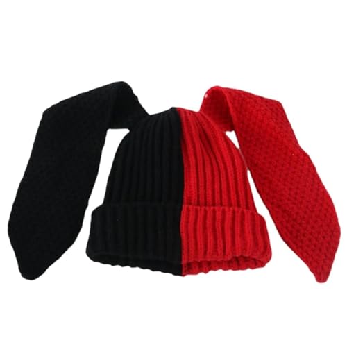 Color Block Knit Beanie Hats Cute Bunny Long Ears Grunge Hat Fluffy Winter Cap Warm Knit Rabbit Crochet Hat Red