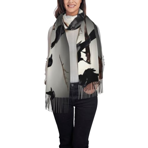 Black Crow Birds On A Branch Print Tassel Scarf For Women Men,Soft Scarf Shawl For Winter Fashion, Lightweight Scarf Shawl2