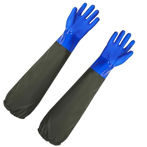 ZIGefofo 1 Par Guantes de Goma Largos 60cm Pelusa Guantes de Trabajo Antideslizantes Antiácido Impermeable Guantes de Estanque Reutilizables para Acuario Estanque Guantes Mujeres Hombres (Azul)