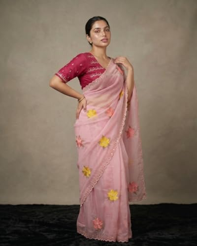 Image of Handcrafted Floral Embroidered Saree with Contrast Blouse