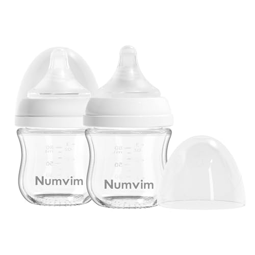 Image of Numvim Glass Nurturing Baby Bottles Gentle & Extra Slow Flow, Newborn Breastfeeding Bottle with Anti Colic Nipple for 0 Months Babies, Includes SS Nipples(3Oz, 2 Packs)