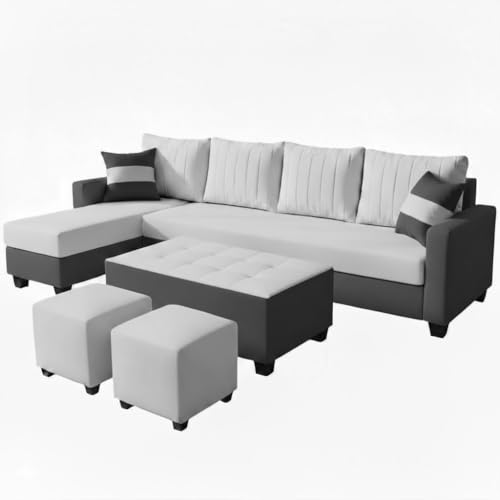 Image of FURNY Avenue 8 Seater Fabric LHS L Shape Sofa Set with 1 Centre Table & 2 Puffy (Light Grey-Dark Grey) Premium Velvet Finish