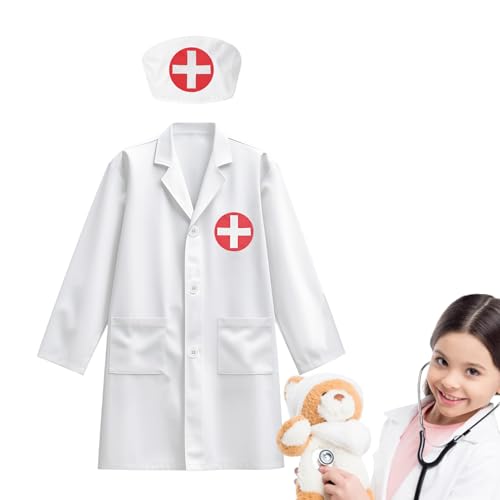 Jogo de médico para crianças - roupão e gorro de médico para meninos e meninas 3-8 anos - disfarce de papel para jogo simbólico, carnaval festas - presente educativo divertido