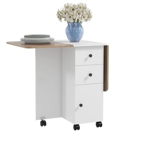 Image of TEKAVO Sora Foldable Dining Table with Storage Drawer Cabinet | Folding Space Saving Dining Table 4 Seater I Movable Table with 6 Wheels I White & Mile Oak I DIY.