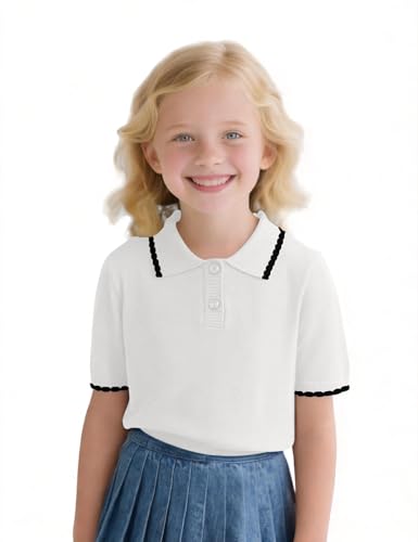 Image of Girls Short Sleeve Polo Shirt V Neck Button Down Shirts Summer Knit School Uniform Crop Tops