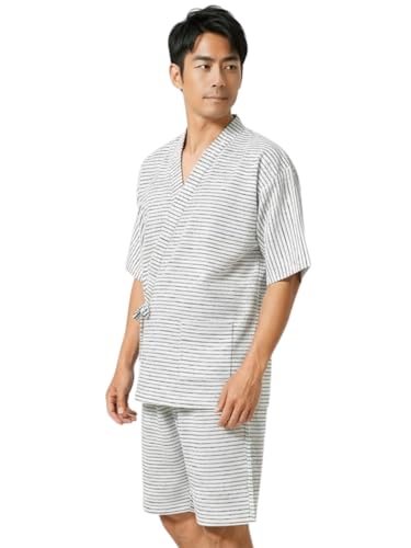 [ワン アンブ] 甚平 メンズ パジャマ 半袖 半ズボン 上下セット 寝巻き 上下 夏用 前開きパジャマ 無地 コットン100% 普段着 5分丈 ホワイト M - ONE UMB(ワン アンブ) - 商品画像