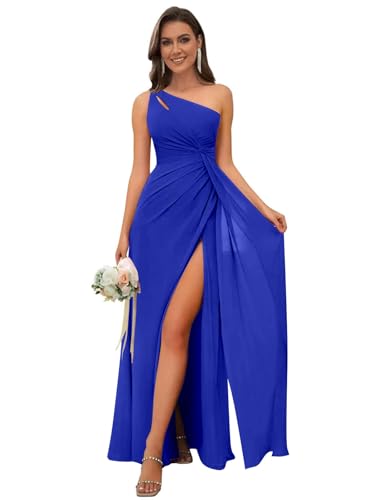 Image of OFEECHUN Women's Chiffon One Shoulder Bridesmaid Dresses Long Pleated Formal Evening Gowns with Slit