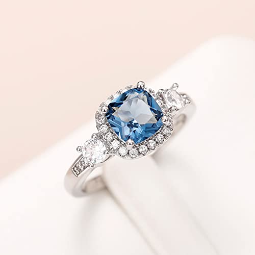925 Sterling Silver Plated Cushion Cut Blue Cubic Zirconia CZ Halo Wedding Band Ring Engagement Ring for Women3