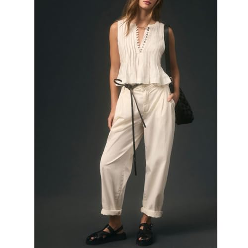 Women Y2K Babydoll Ruffle Tank Top Linen Front Button Pleated Peplum Vest Flowy Coquette Cropped Shirt Cute Blouse Summer3