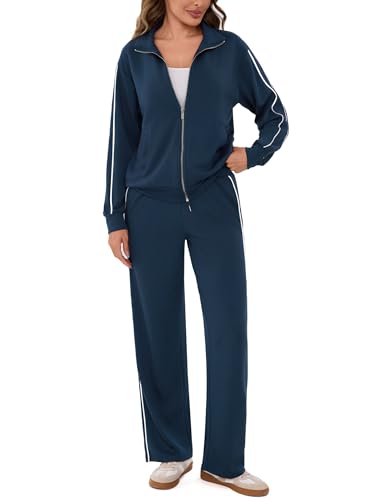 Terecey Conjunto de fato de treino para mulher, 2 peças, camisola completa com manga comprida e fecho de correr, calças retas com cordão, roupa desportiva para uso diário e exercício, Azul Marinho, M