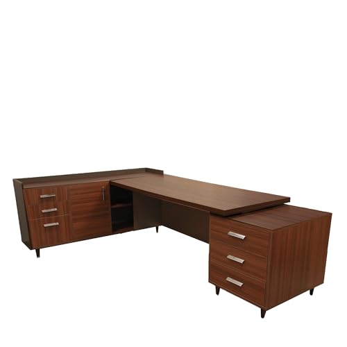 Image of Lakdi The Furniture Co Director Table for Office Desl Unique Design L-Shape Table Made in Particle Board with Side Unite and Openable Shutter & Storage Luxury Executive Desk Brown Color- (LDL-533)