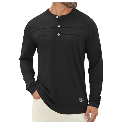 Hardaddy Camiseta masculina Henley manga longa plissada com estampa de letras e botões casuais, Preto, M