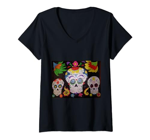 Mujer PINTURA DIA DE LOS MUERTOS Camiseta Cuello V